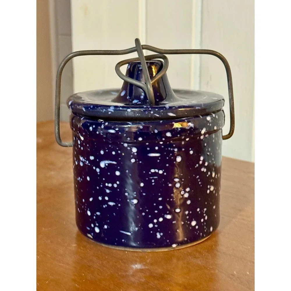 Vintage Blue Speckled Ceramic Crock with Lid Bail Handle Farmhouse Crock